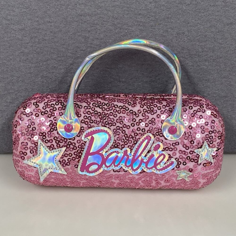 Barbie Pink Sequins Stars Hard Clamshell Eye Glasses Case Handles Girls